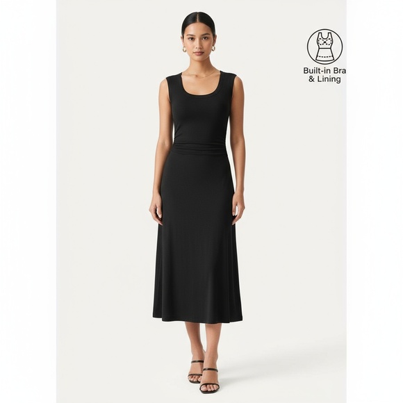NWT Ogl Eco-SkinKiss Womens L Black Scoop Ruched Midi Dress Bra Pads Airy Chic - Picture 1 of 8